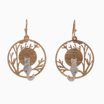 Cat Silhouette Earrings: Silver-tone cat on gold-tone tree branch with sun and forest design - playful accessory for cat lovers.