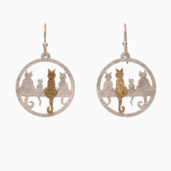Cat Tribe Earrings: Four charming cat silhouettes in gold and silver tones perched on a ledge within a circle pendant made of Two-Tone Scratch Finish Brass.