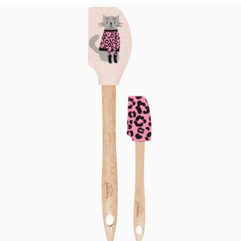 Feline Fine Spatulas - Set of 2 with Grey Cat and Pink Leopard Print Designs