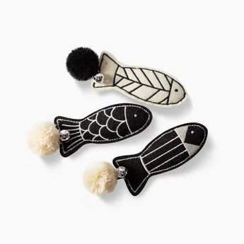 Black, white, and beige fish-shaped catnip toys - Off The Scales Cat Toy Set