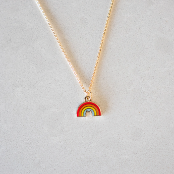 Eco-friendly necklace with gold-plated cat pendant and rainbow hues.
