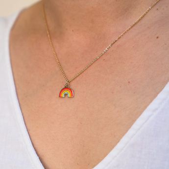 Over The Rainbow Cat Necklace - Gold-plated pendant with rainbow colors and cat silhouette.