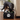 Dog playing with a black storage bin with a paw print on a wooden floor.