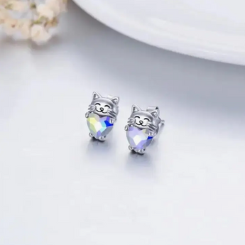 Cat Themed Gifts For Women, Sterling Silver Cat Stud Earrings With Crystal Accents