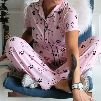 Pink Cat Print PJ Set For Women