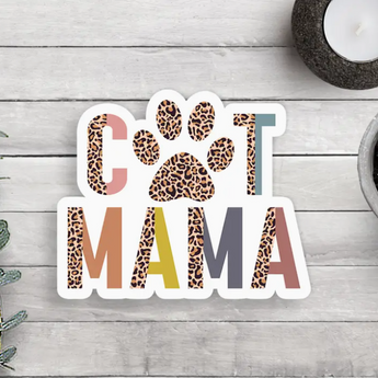 A sticker featuring the words "Cat Mama" in a playful colorful print with leopard spots on a white background.