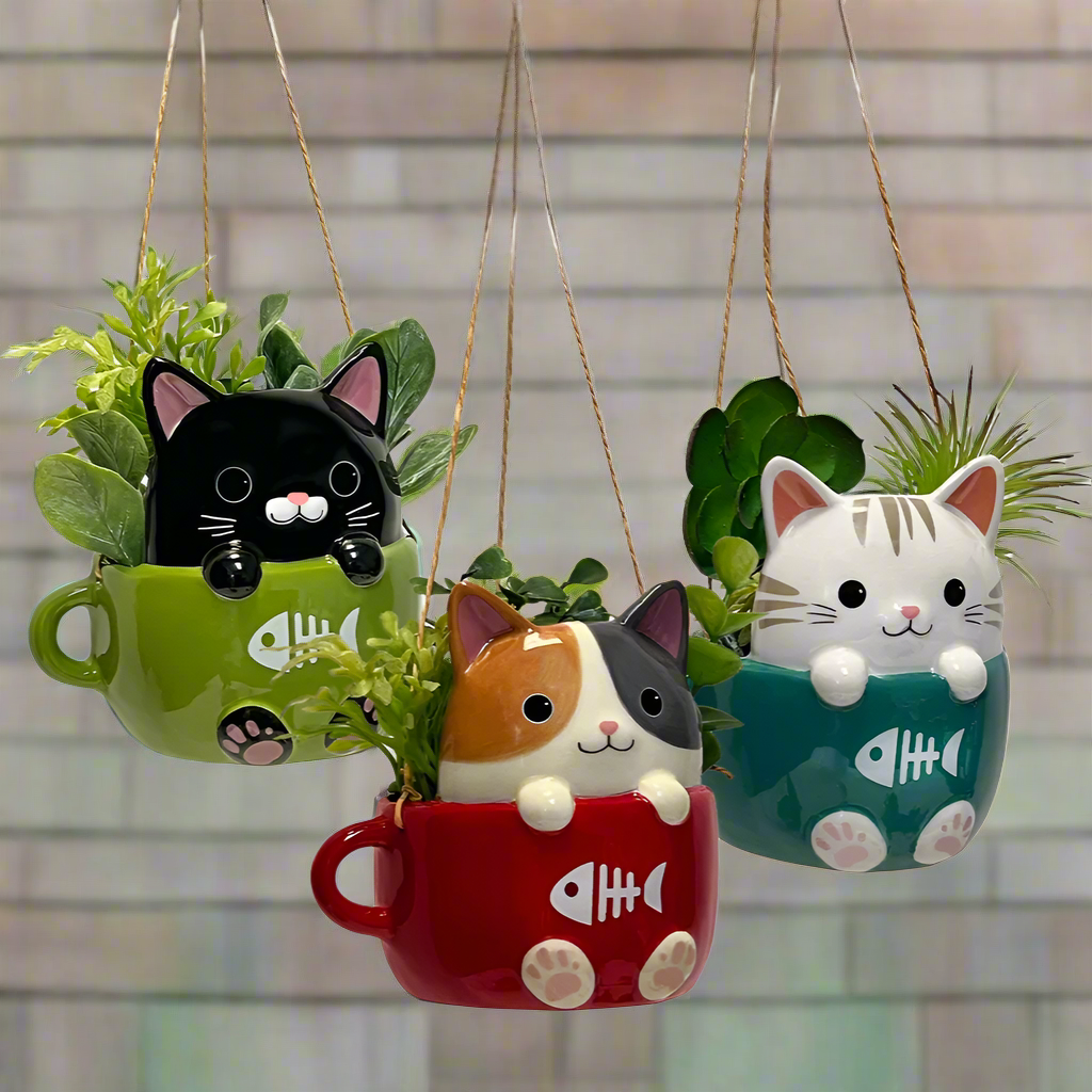 cat hanging planter Cats in Cups Mini Hanging Planters