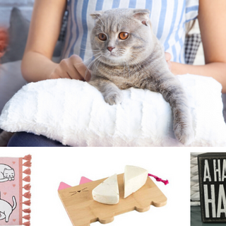 Cat decorations for home including blue cat porcelain figurines, funny cat mugs, and cat kitchen decor.