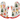 A pair of Christmas-themed oven mitts with a beige background, decorated with cute cat illustrations in holiday outfits like Christmas trees, stockings, candy canes, bells, and angels, finished with a red trim.
