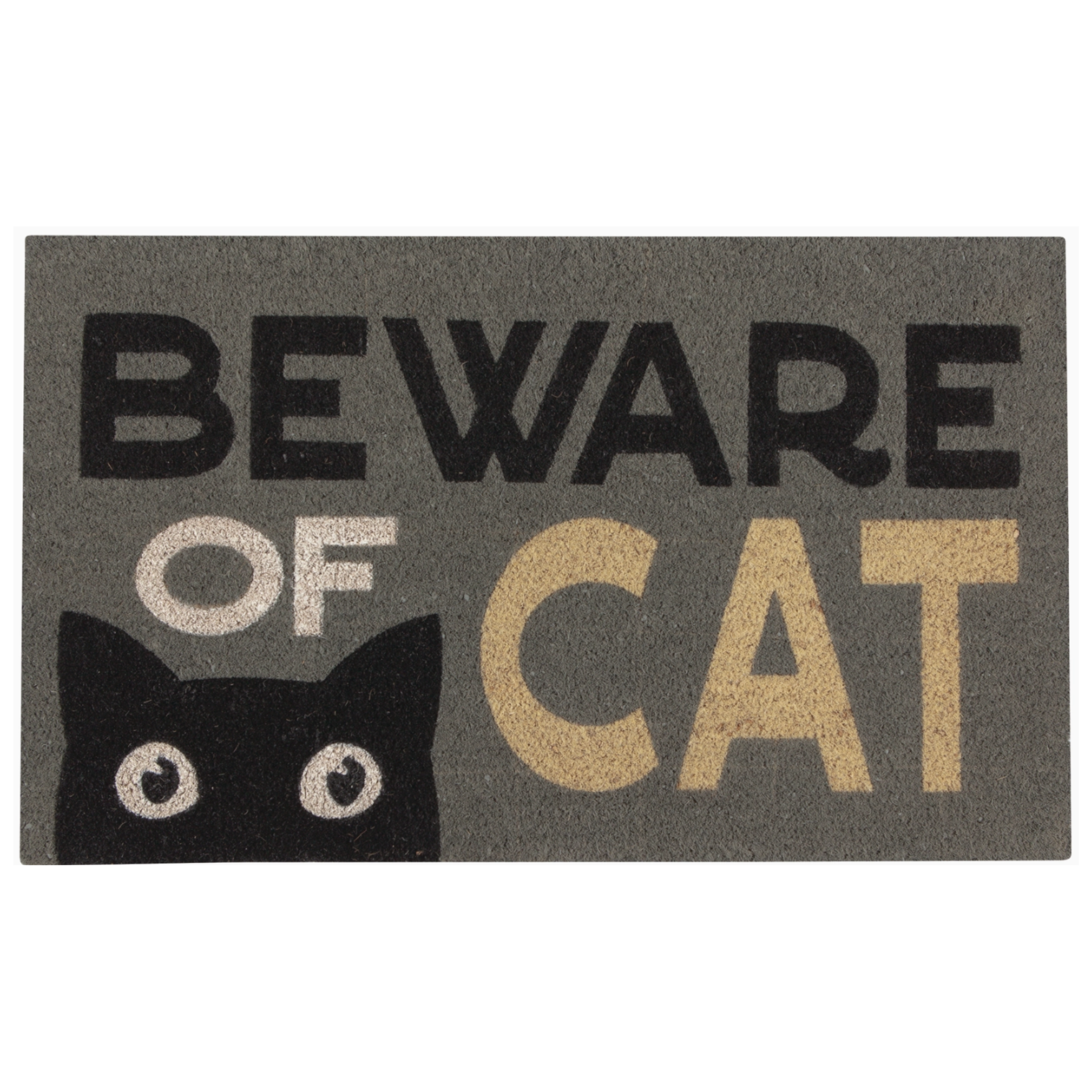 A charming grey doormat adorned with the words "Beware Of The Cat" and a cute black cat peeking over the edge, adding a touch of whimsy to any doorstep.