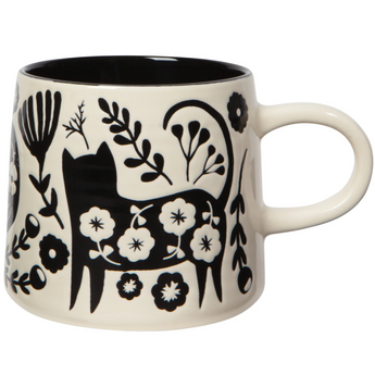 White mug with black cats and flowers, 14oz stoneware, black inside.