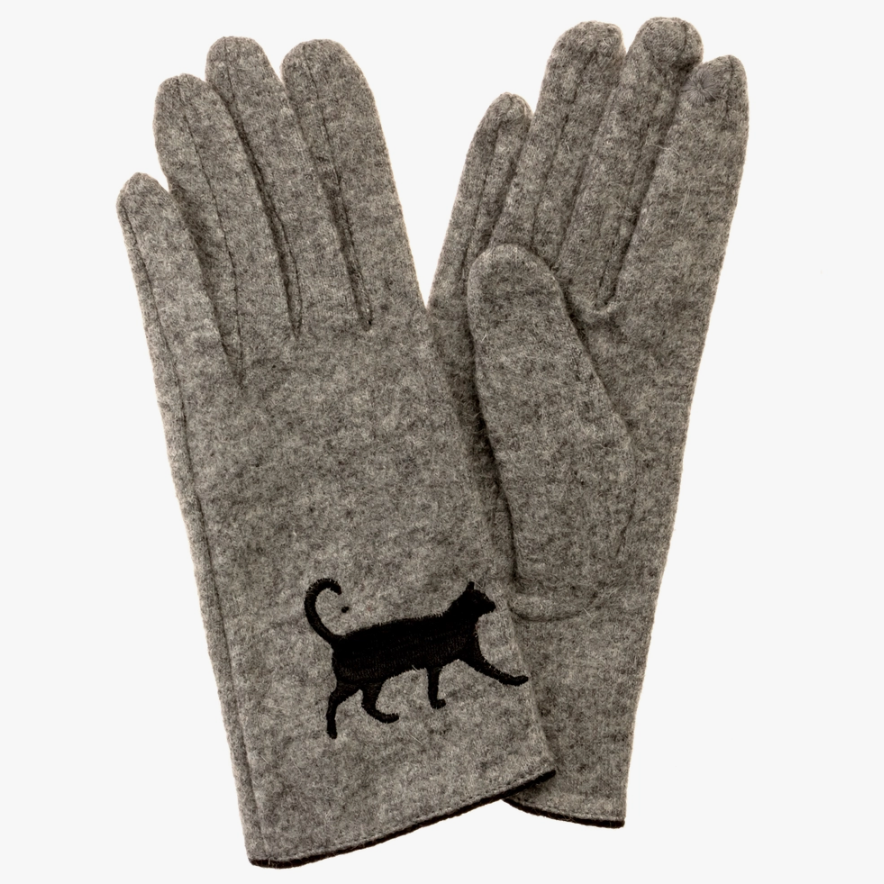 Chic Grey Cashmere Gloves with Embroidered Cat Design: Keep connected and cozy in these unique gloves designed for comfort and functionality.