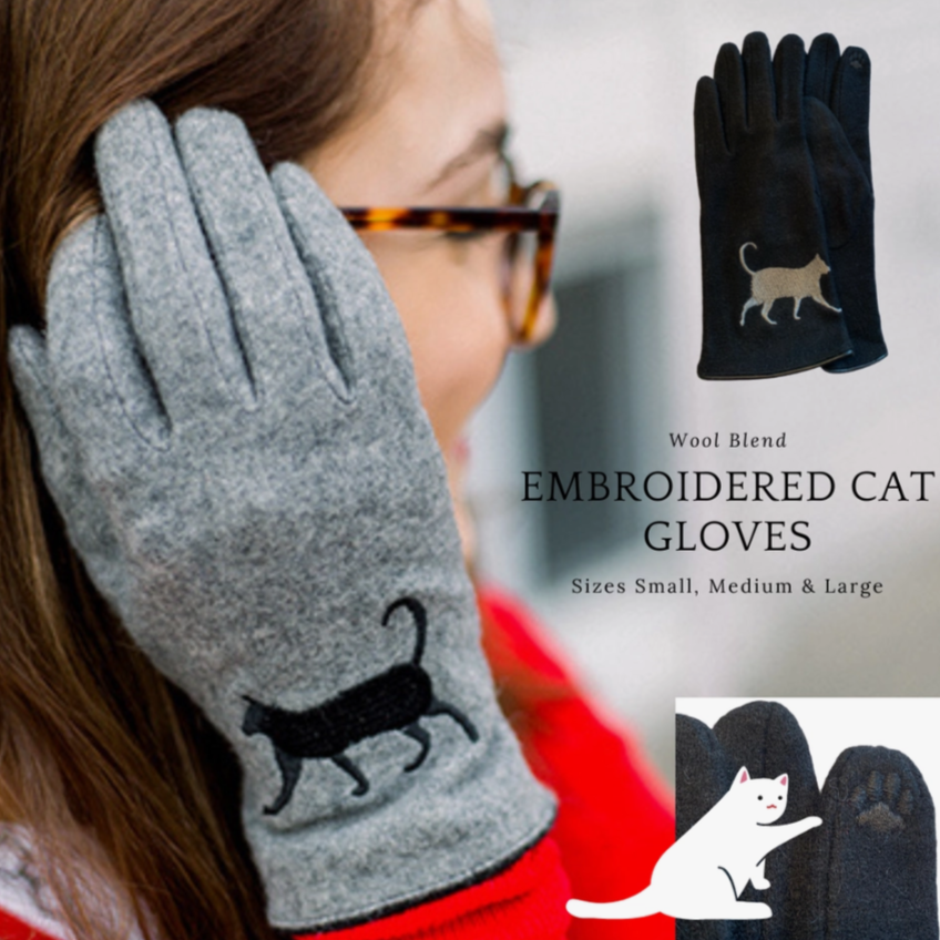 Black Cat Gloves: Grey cashmere wool blend adorned with an embroidered black cat, complete with cat paw touch points for tech on thumb and index fingers