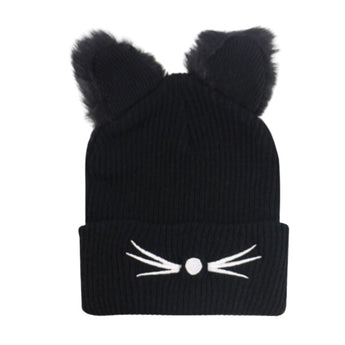 Black Cat Hat made of soft fleece fabric with plush 3D cat ears and white whiskers and nose printed on the front.