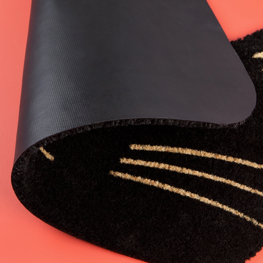 Close-up of Whimsical Cat Face Design on Black Cat Shaped Doormat