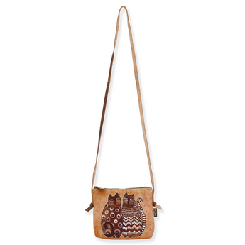 Boho Cats Purse featuring two brown cats on a beige backdrop with an adjustable leather strap and cat-shaped zipper.