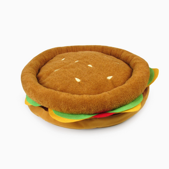 Burger Pet Bed made of soft plush material in the shape of a burger