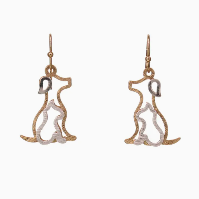 Gold and silver tone cat and dog silhouette earrings made from Two-Tone Scratch Finish Brass, measuring 1 1/4 inches.