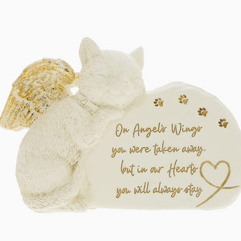 Cat Angel Memorial Stone with angel-winged cat, rainbow design, and "On angel's wings were taken away but in our hearts you will always stay" in gold.