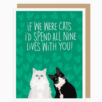 Two adorable cats cuddling on a green background with light green heart prints - Cat Anniversary Card