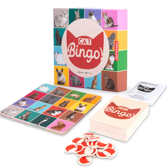 Cat Bingo game board with colorful cards and paw-shaped game pieces.