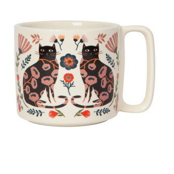White Cat Bloom Coffee Mug with back cats and flowers, featuring a unique rectangular handle. 14oz stoneware, microwave and dishwasher safe.