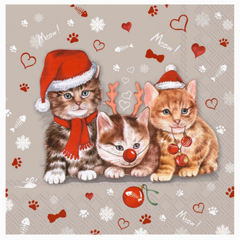 Cat Christmas Napkins with orange kittens in Santa hats, snowflake, and paw print details.