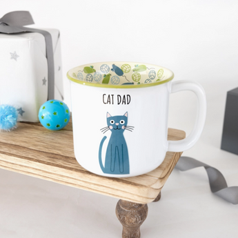 Cat Dad Mug with blue cat and "Cat Dad" text on white stoneware.