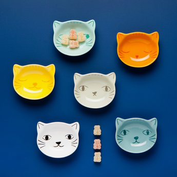 Set of 6 Cat Dip Bowls in Blue, Yellow, Beige, White, Orange, and Dark Blue