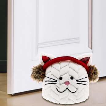 White cat-shaped door stopper wearing fluffy brown earmuffs with embroidered whiskers and a pink felt nose.