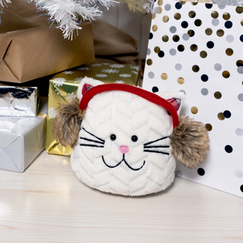 Festive Cat Door Stopper with plaid details and earmuffs adding a touch of cozy décor to any room.
