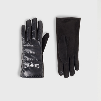 Black Cat Face Puffer Touchscreen Gloves with embroidered white whiskers and a heart-shaped cat nose.