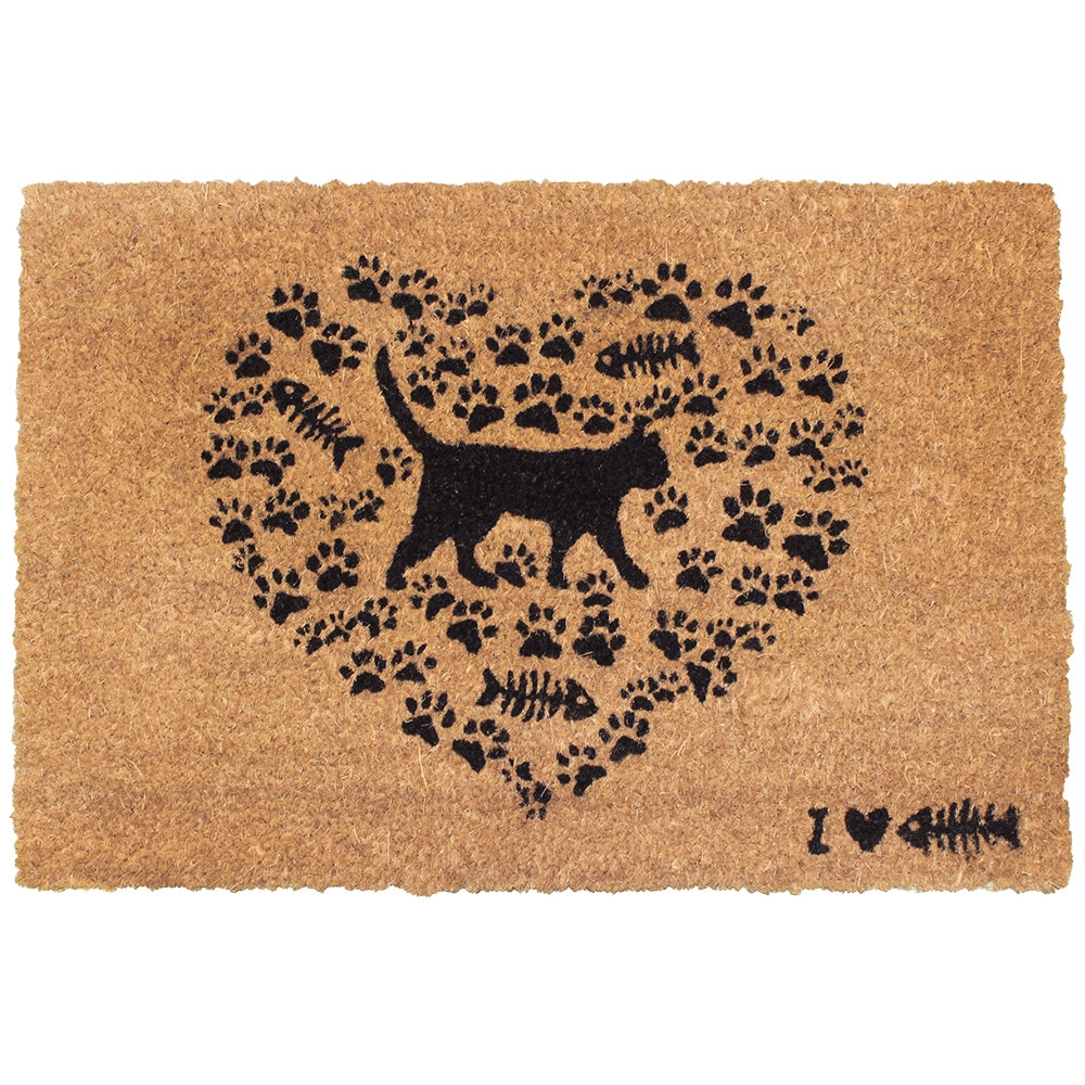 Cat Heart Doormat, Cat Doormat featuring A Black Cat And A Paw Print Heart