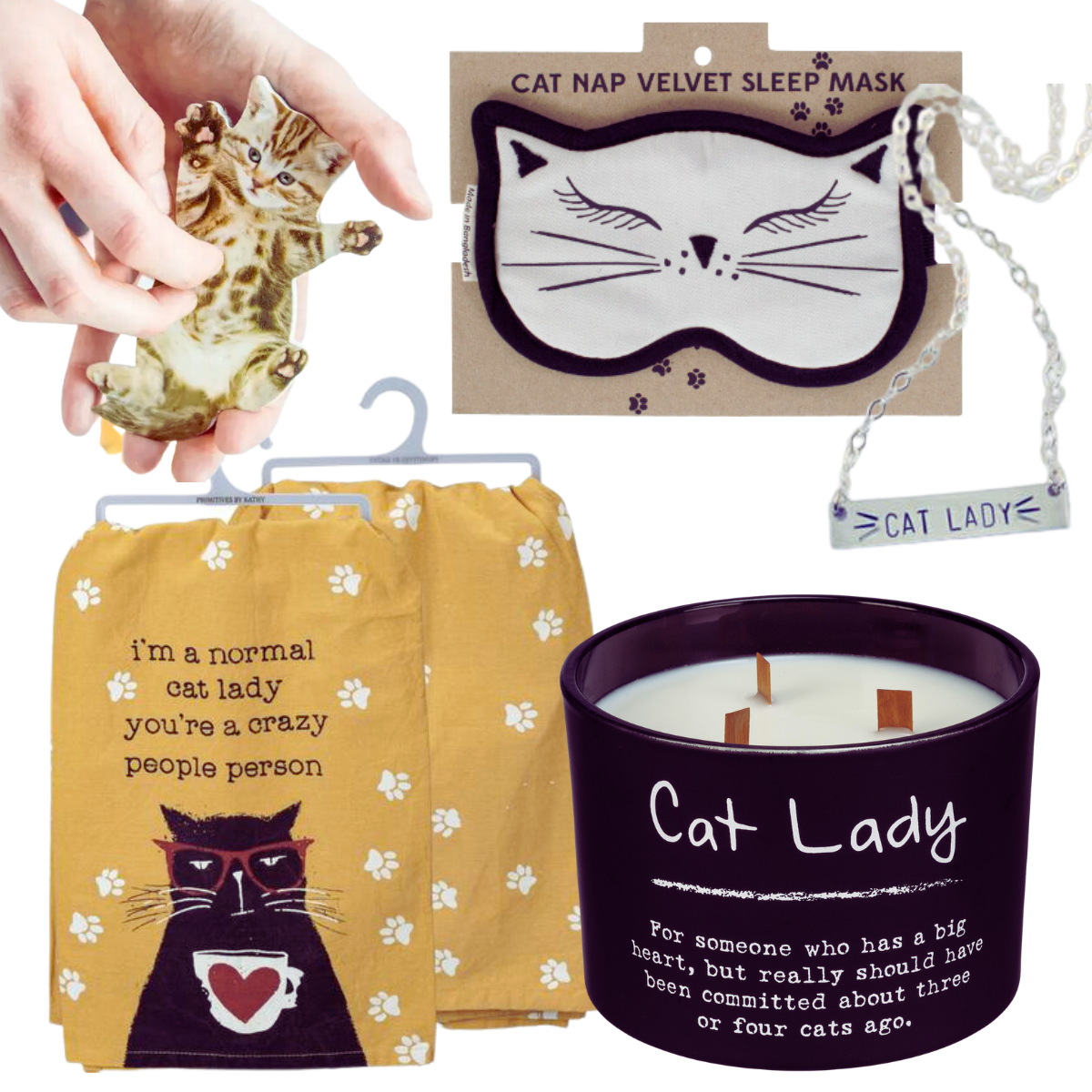 cat lady gift box that includes a dish towel with the words "I Am A Normal Cat Lady You Are A Crazy People Person" and all over paw print, a cat lady lavender scented candle with the words  "Cat Lady: For someone who has a big heart, but really should have been committed about three or four cats ago", a handmade sterling silver cat lady necklace, a cat shaped nail file and a cat sleep mask