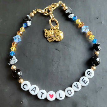 Black Obsidian Beaded Bracelet with Gold Pewter Cat Shaped Charm