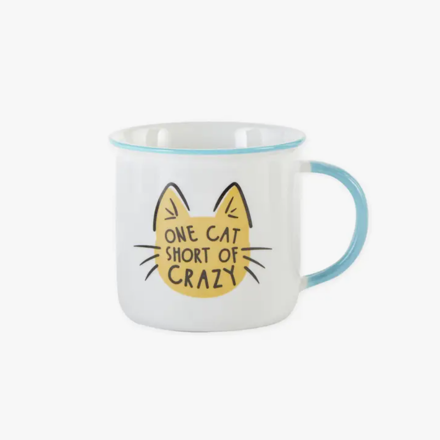 Coffee Mug For Cat Lovers Featuring The Words One Cat Short Of Crazy And A Cat Face