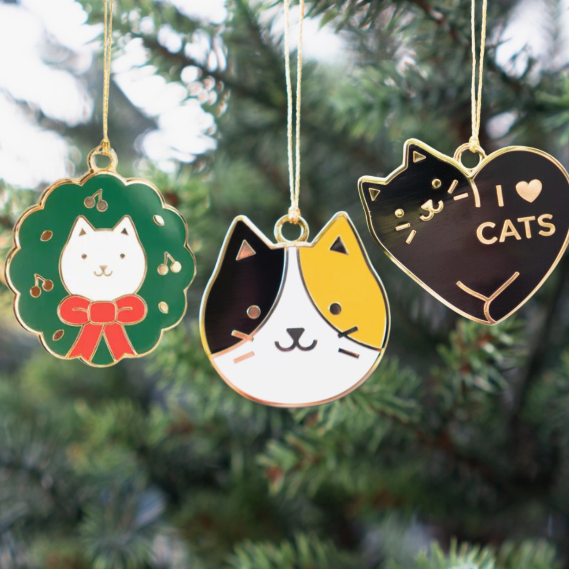 Cat Christmas Tree Ornaments Set Featuring A Black Cat Ornament, A Calico cat Ornament And A White Cat Ornament