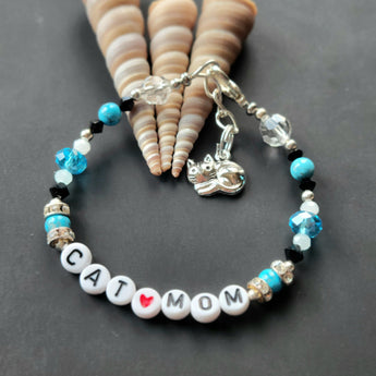 Handcrafted Cat Mom Bracelet with Turquoise beads, Swarovski Crystals, and silver pewter cat charm.