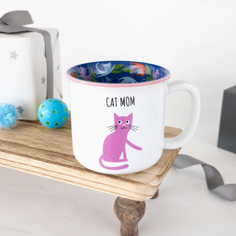 Cat Mom Mug with a purple cat and "Cat Mom" sentiment on a white stoneware mug.