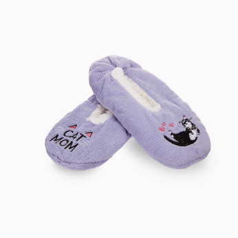 Pair of Cat Mom Sherpa Lined Slippers showing the soft white sherpa lining.