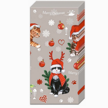 Cat Pocket Tissues with festive cat design, Santa hats, paw prints, and snowflakes.