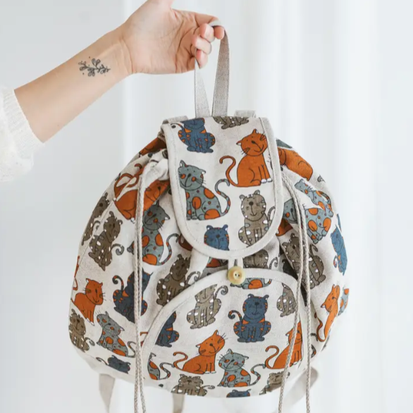 Cat Print Backpack Handmade Of 100% Linen