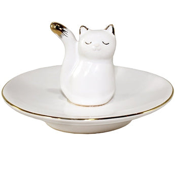 Cat Ring Holder Featuring a Playful Cat Figurine In a White Porcelain Ring Dish