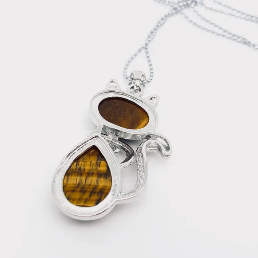 Womens Cat Related Gifts, Cat Shaped Pendant With Tiger Eye Stone
