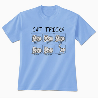 Cat Tricks T-Shirt: Grey tabby cat demonstrating tricks on light blue fabric.