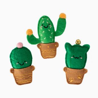 Three colorful catnip cactus toys arranged on a white background, perfect for stimulating your cat's senses during playtime.