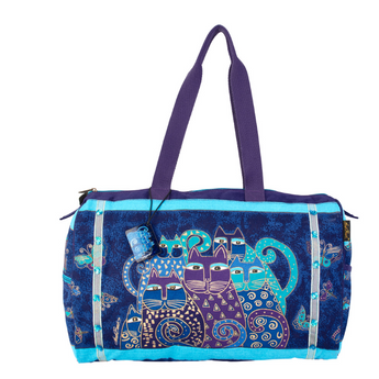 Image of Cat Weekender Travel Bag: Vibrant blue canvas bag with butterfly print and five charming cat illustrations in shades of blue and gold on the front.