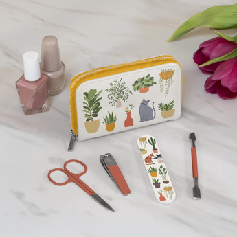 Close-up of Cats And Plants Manicure Set showing detailed artwork of a grey tabby cat and plants.