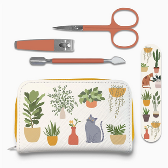 Cats And Plants Manicure Set featuring full-color artwork of a grey tabby cat and plants on a white backdrop, including nail clippers, scissors, cuticle pusher, and emery board.