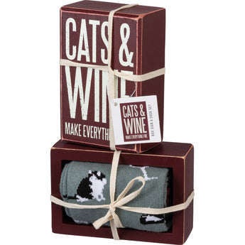Cat Themed Gifts for People Who Love Cats And Wine, Cats And Wine Make Everything Fine Socks And Box Sign